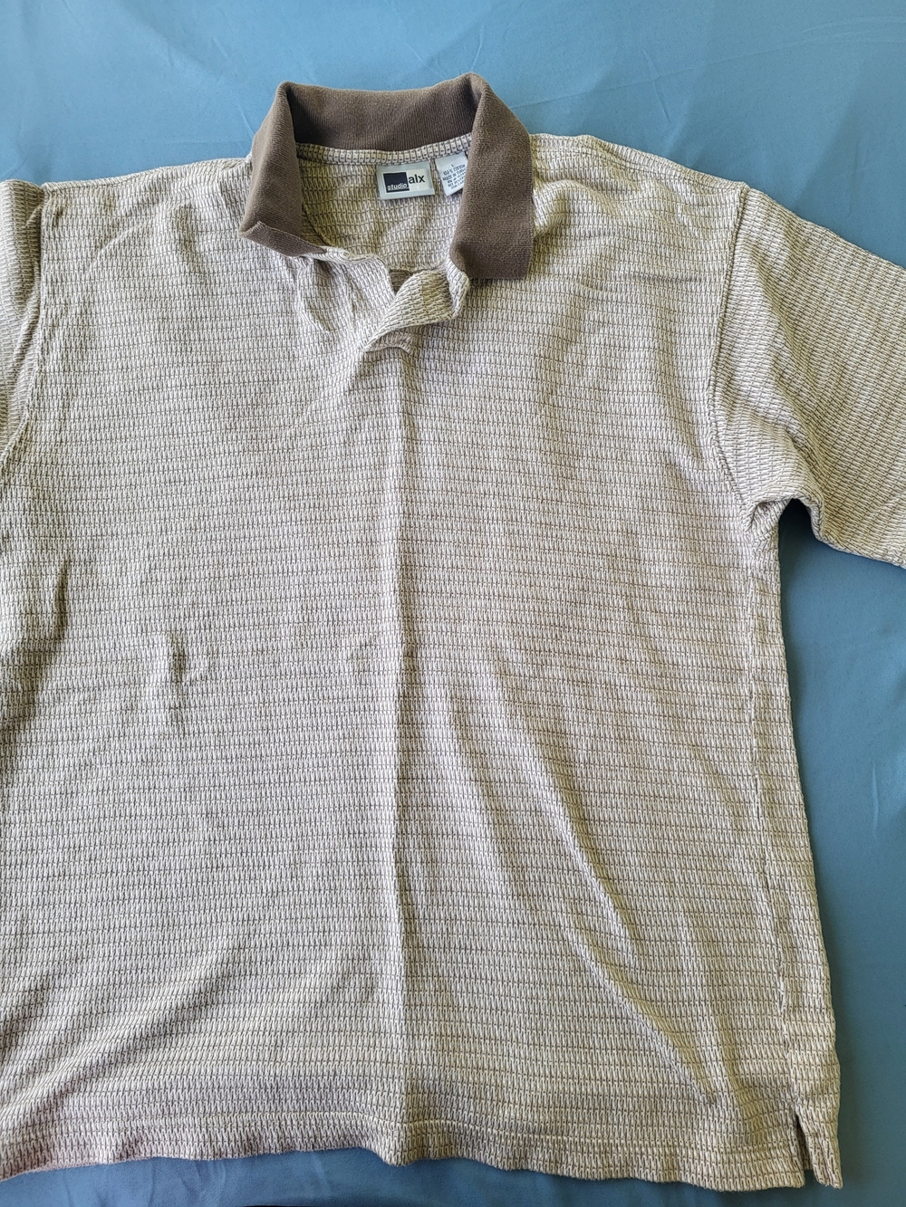 Vintage Y2K Studio ALX Sears Men's L Textured Polo Shirt Micro Knit Beige Brown